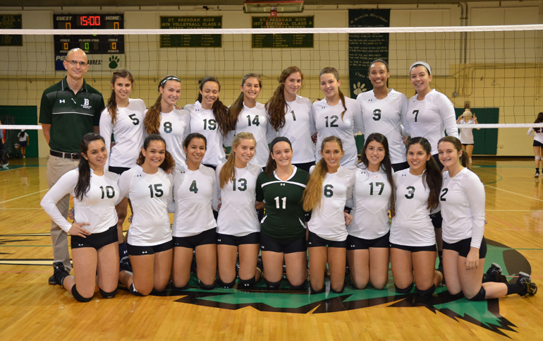 St. Brendan High School girls volleyball team consists of, top row, from left: Coach Julio Arnaiz, Raquel Murrillo, Morgan Duell, Cristina Diaz, Angela Montes, Carolina Caram, Nicole Hernandez, Cristina Torres and Natalie Perez; bottom row, from left: Carmina Delfino, Kelsey Someillan, Sophie Sire, Lara Telge, Nikki Garcia, Samantha Lorenzo, Genesis Cabanzon, Gracie Calienes, and Nina Garcia.