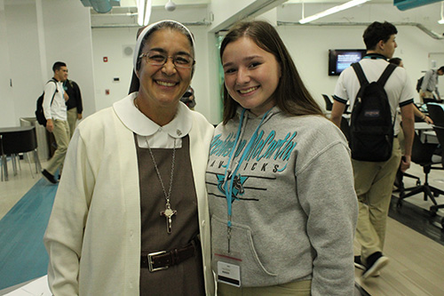 Unexpected reunion: Katerina Gonzalez was thrilled to find her former teacher Sister Maria Jose Socias, participating in the vocations panel hosted by McCarthy High's Theology Department.