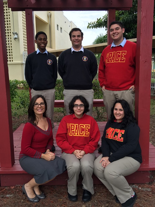 Five Msgr. Edward Pace High School seniors are the school's nominees for the 2016 Silver Knight Awards. Clockwise from left, rear: Seniors Daniel Labrousse, Michael Barcelo, Brian Rodriguez, Maya Lora and Mia Bravo with Pace College Advisor Lilian Dubon.