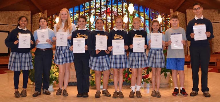 Scientists unite: The 10 Nativity School students whose projects were recognized at the Broward County Science Fair, from left, are: Maria Joseph, Cameron Lott, Camille Jastrzebski, Andrew DiStefano, Mia Rodriguez, Kaylee Rizzi, Alexa Willis, Ali Sierra, Matthew Montalto and Luke Riahifar.