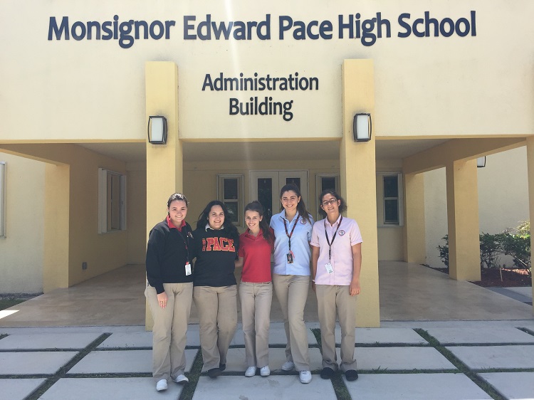 From left, Msgr. Edward Pace High School seniors Samantha Bacerio, Maya Lora, Mia Lama, Sabrina Ortega, and Naja Murphy, part of the school's elite Spartan Sword and Shield Honors program. Not pictured: Mia Bravo and Daniel Labrousse.