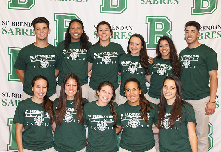 St. Brendan High School class of 2016 student athletes who will be competing at the college level include: bottom row, from left: cross country runners Susana Gutierrez,  Andrea Peterson and Katerina Alvarez, who will be running for St. Thomas University; swimmer Dalila Alvarez, Albright College; and cross country runner Sofia Fernandez, who will be competing at Florida International University; top row, from left: baseball player Carlos Marrero, going to STU; volleyball player Cristina Torres, going to South Florida State College; volleyball player Natalie Perez, University of Mt. Olive); basketball player Lil Padro, Bethel College; volleyball player Sophie Sires, FIU; and baseball player Ryan Hernandez, St. Louis University.