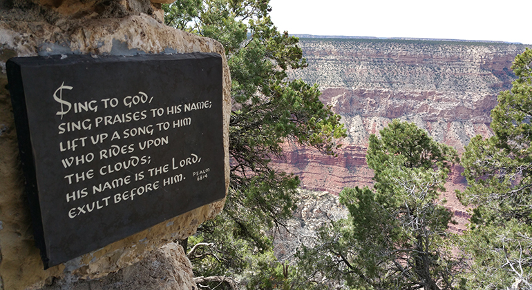 Sign outside Hermit's Rest extols the Creator of the beauty below, in Grand Canyon National Park.