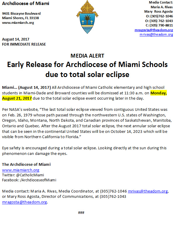 ADOM Early release for Archdiocese of Miami schools due to total