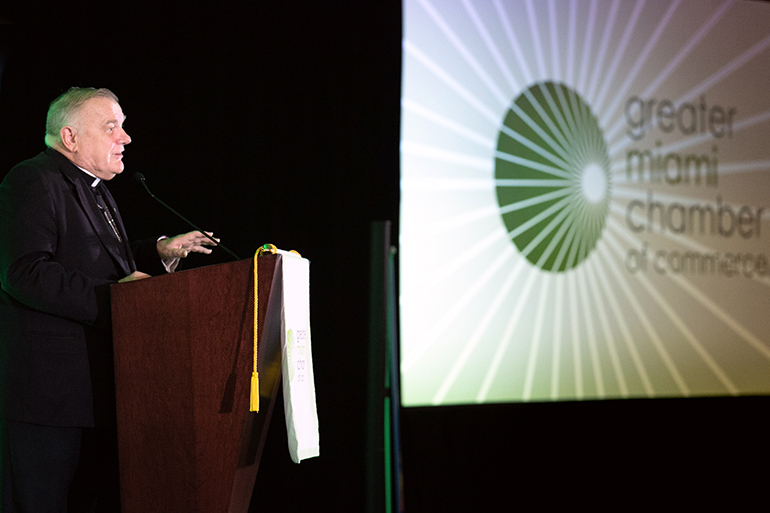 Miami Archbishop Thomas Wenski was a guest speaker Oct. 3 at the Greater Miami Chamber of Commerce Trustee Luncheon, held at Jungle Island in Miami. The archbishop spoke about the history of the archdiocese as it celebrates its 60th anniversary.