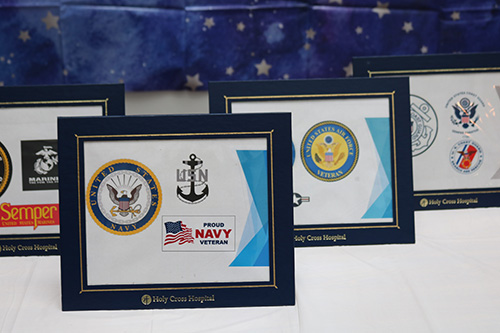 Military emblems and displays are part of decorations during an open house at Holy Cross Hospital in Fort Lauderdale March 6, 2020, organized to announce the launch of a program serving veterans and active military.