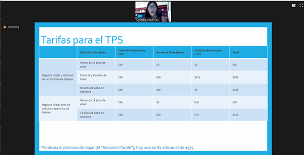 Some of the information regarding the cost of applying for TPS (Temporary Protected Status) that was shared online during the information session organized by Catholic Legal Services of the Archdiocese of Miami, March 11, 2021.