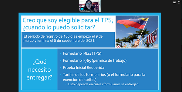 Attorney Xinia Bermudez, of Catholic Legal Services of the Archdiocese of Miami, explains to her online audience how TPS for Venezuelans will work. TPS stands for Temporary Protected Status. The information session took place March 11, 2021.