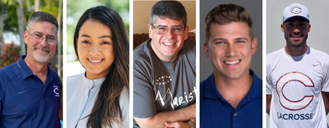 From left, the newly promoted or appointed leaders at Christopher Columbus High School: Bob Linfors, Iris Martinez, Marist Brother Albert Rivera, Kameron Clark and Steven Hernandez.