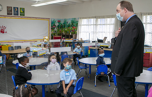 Jim Rigg, archdiocesan schools superintendent, speaks to kindergartners at St. Lawrence School on the first day of the 2021-22 school year, Aug. 18, 2021.