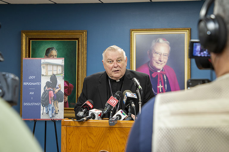 Archbishop Thomas Wenski joined business leaders, community leaders, immigration advocates and former Pedro Pans in a press conference asking Gov. Ron DeSantis to revoke an executive order that threatens to close down shelters that house unaccompanied minors in Florida after they are caught at the border by immigration authorities. The press conference took place Feb. 10, 2022 in the offices of the Pastoral Center of the Archdiocese of Miami.