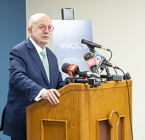 Eduardo Padron, president emeritus of Miami Dade College and a Pedro Pan participant, speaks up for today's unaccompanied minors during the press conference. "Let's not allow these children to be used as a political football. Let's stop playing politics with immigrant children."