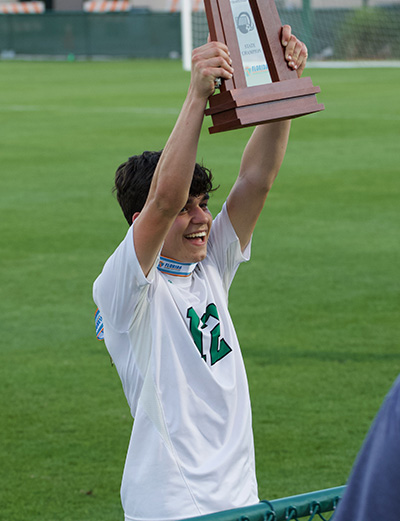 Alex Rodriguez, who scored the winning goal, celebrates the first state championship of St. Brendan High School's boys soccer team. They defeated Orlando's Bishop Moore 1-0, Feb. 24, 2022.