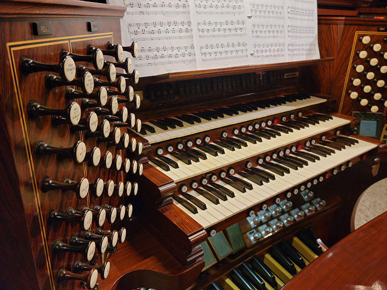 A closer view of one of the organ consoles of he Frattelli Ruffatti pipe organ at Epiphany Church shows the 60 ranks, four divisions, three manuals, 41 stops and 57 registers. The organ contains over 3,000 pipes, ranging in size from 16 feet tall, to about 1/2 inch tall. It was made in Italy, then completely disassembled and shipped to Miami.