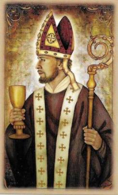 St. Richard is depicted in this prayer card holding the chalice of wine that didn't spill after he dropped it.