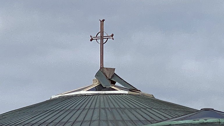 Copper wraps around the roof of Incarnation Church in Sarasota after the passage of Hurricane Ian through southwest Florida, impacting a large part of the Diocese of Venice.
