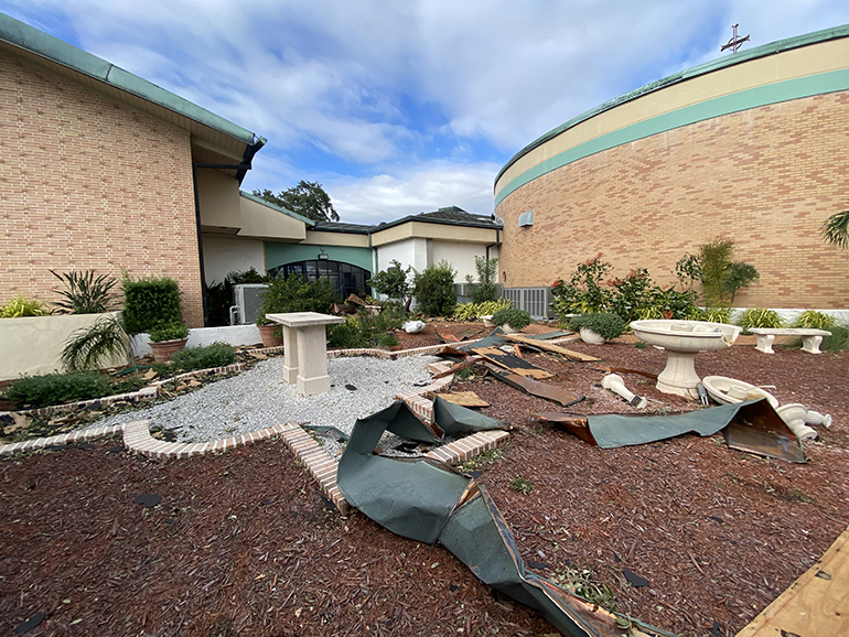 Debris is strewn about on the grounds of Incarnation School in Sarasota after the passage of Hurricane Ian, which ravaged large parts of the Diocese of Venice in southwest Florida Sept. 28, 2022.