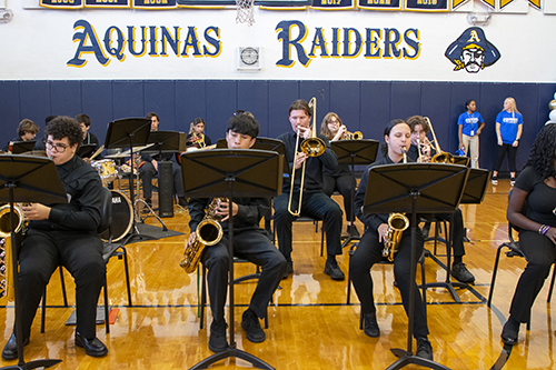 Raiders band plays as St. Thomas Aquinas celebrates its 2022 Blue Ribbon designation as an Exemplary High Performing High School, Oct. 3, 2022.