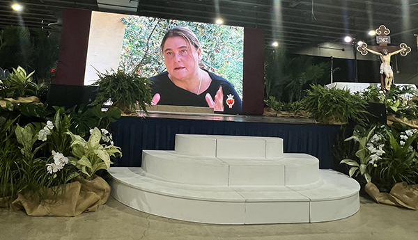 Antonia Salzano Acutis, mother of Blessed Carlo Acutis, speaks via previously taped interview to attendees at the IV International Eucharistic-Marian Congress organized by the Servants of the Pierced Hearts of Jesus and Mary, which drew 4,000 people to Miami the weekend of Oct. 7-9, 2022.