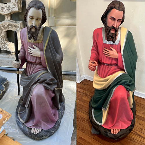 A before and after of St. Joseph displays vibrant colors, shadowing and more. Artist and parishioner Kathleen Staples retouched this image of St. Joseph, and the rest of the Holy Family, as well as key figures of the Nativity, just in time for Advent 2022. Staples is a parishioner of Little Flower Church, which blessed the Nativity scene Nov. 28, 2022.