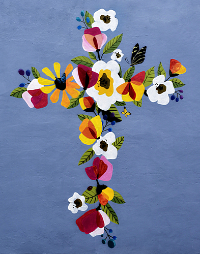 Flowers form a cross in a mural at St. John the Apostle School.