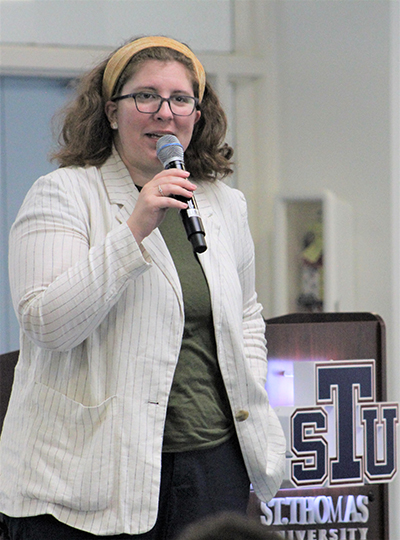Catholic speaker and radio show host Katie Prejean McGrady speaks to students from Archdiocese of Miami high schools during a kick-off event of the National Eucharistic Revival at St. Thomas University in Miami Gardens on March 22, 2023.