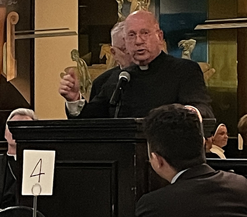 Father Michael Davis, pastor of St. Gregory the Great Parish in Plantation, speaks after receiving a Lifetime Achievement Award from the Catholic Education Foundation at a ceremony in New York, April 26, 2023.