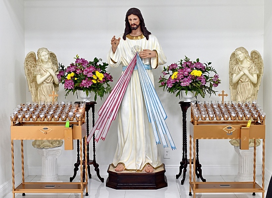 Rays of blood and water flow from Jesus' heart in this statue at St. Boniface Church, Pembroke Pines. The statue is a rendering of a "Divine Mercy" vision in 1931 by Sister Faustina Kowalska, a Polish nun.