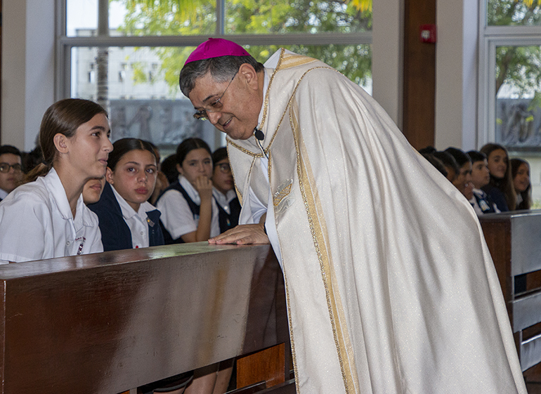 Bishop Enrique Delgado answers student questions during Q&A after his keynote speech at Focus 11, a vocations rally for sixth graders, held at St. John Vianney Seminary in Miami, May 22, 2023. Two more Focus 11 rallies took place, May 23 at St. John Vianney, again for students in Miami-Dade, and May 25 at St. Gregory in Plantation for Broward students.