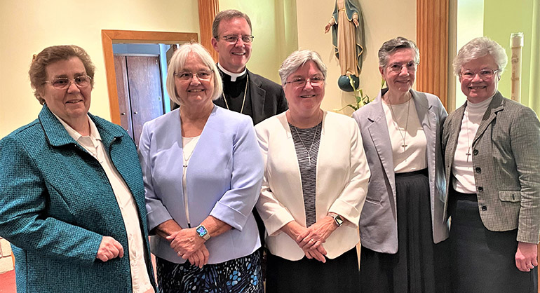 The new leadership team for the Sisters of St. Joseph of St. Augustine pose after their election with St. Augustine Bishop Erik Pohlmeier; from left: Sisters Carolyn Tucker, Stephanie Flynn, Kathleen Carr (general superior), Jane Stoecker, and Suzan Foster.