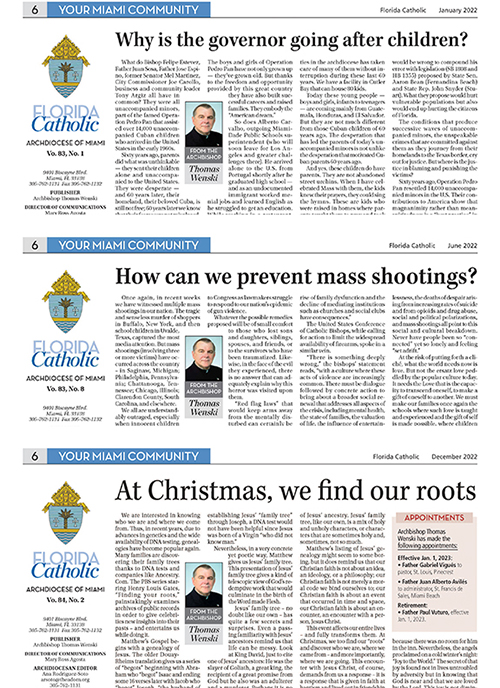 Best Regular Column by Bishop or Archbishop: first place, Florida Catholic; Best Regular Column: second place, La Voz, Archbishop Thomas Wenski