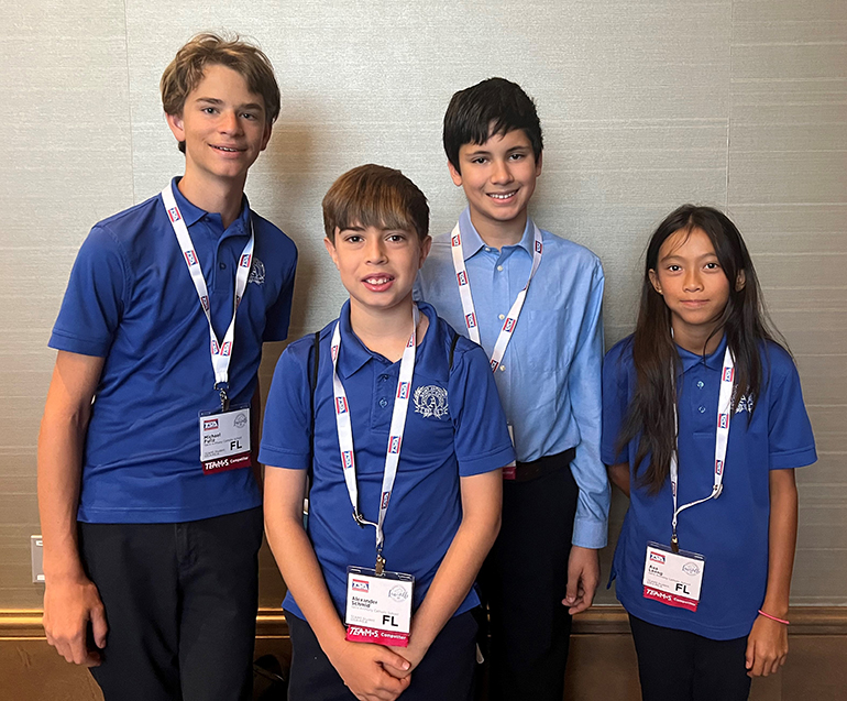 From left to right, St. Anthony School's national TEAMS winners: Michael Fultz, Alexander Schmid, Andrew Rashtanov and Ava Leong. They achieved first place in the Presentation category in the national competition that occurred from June 28 to July 2, 2023.