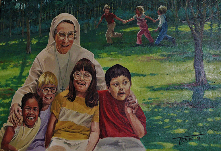 A painting of Sister Lucia Ceccotti surrounded by children graces a wall at the Marian Center School's multipurpose building in Miami Gardens. At the request of Archbishop Coleman Carroll of the then Diocese of Miami, Sister Lucia and 10 other Sisters of St. Joseph Benedict Cottolengo left Turin, Italy, for South Florida to begin the Marian Center School for children and adults with developmental disabilities. The Marian Center School and Services is currently celebrating their 60th anniversary.