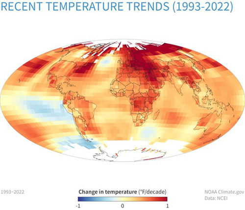 This graphic from Jan. 18, 2023, shows trends in global average surface temperature between 1993 and 2022 in degrees Fahrenheit per decade based on data from the U.S. National Oceanic and Atmospheric Administration Centers for Environmental Information. According to the data, most of the planet is warming and only a few locations, most of them in Southern Hemisphere oceans, cooled over the time period (CNS photo/NOAA)