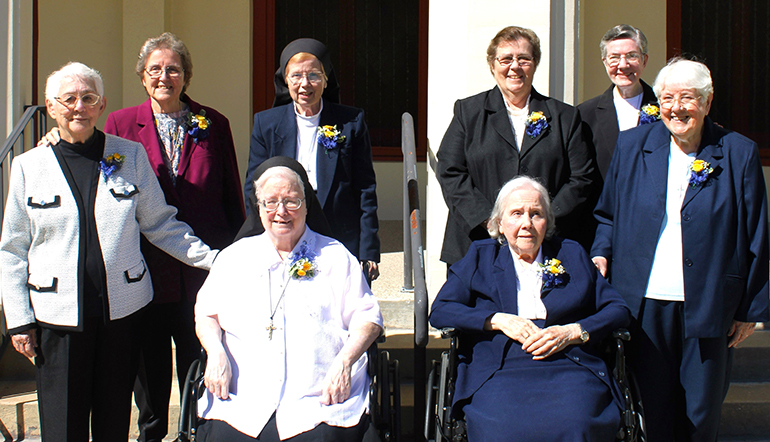 The Sisters of St. Joseph of St. Augustine marking milestone jubilees this year are pictured here. Back row, from left: Sisters Diane Couture, Elizabeth Anne Worley, Carolyn Tucker, and Jane Stoecker; front row, from left: Sisters Mary Josepha Butterfield, Edith Paschall, Lilia Fernandez, and Eileen Marie Flanagan.