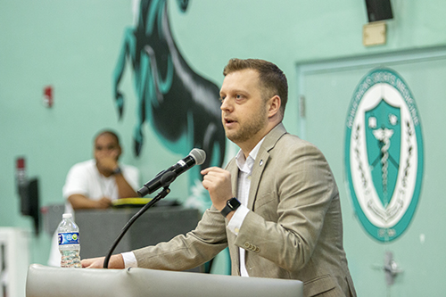 Scot Lefor delivers the keynote address in English to a portion of the more than 1,000 religious education volunteers and Catholic school teachers gathered at Archbishop McCarthy High School in Southwest Ranches for the annual Catechetical Conference, Oct. 28, 2023.