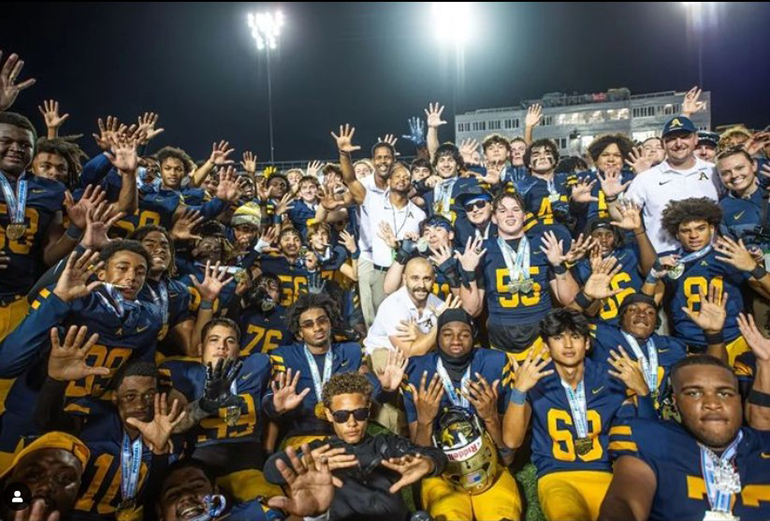 The St. Thomas Aquinas Raiders celebrate their record-setting fifth straight and 15th overall state championship after a 31-28 win over Homestead, Dec. 9, 2023, at Bragg  Memorial Stadium in Tallahassee.