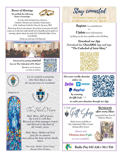 Banns of marriage and a prayer for vocations are among the items on one page of a recent parish bulletin posted on the website of St. Mary Cathedral in Miami. The parish prints 900 copies of its weekly bulletin in-house.