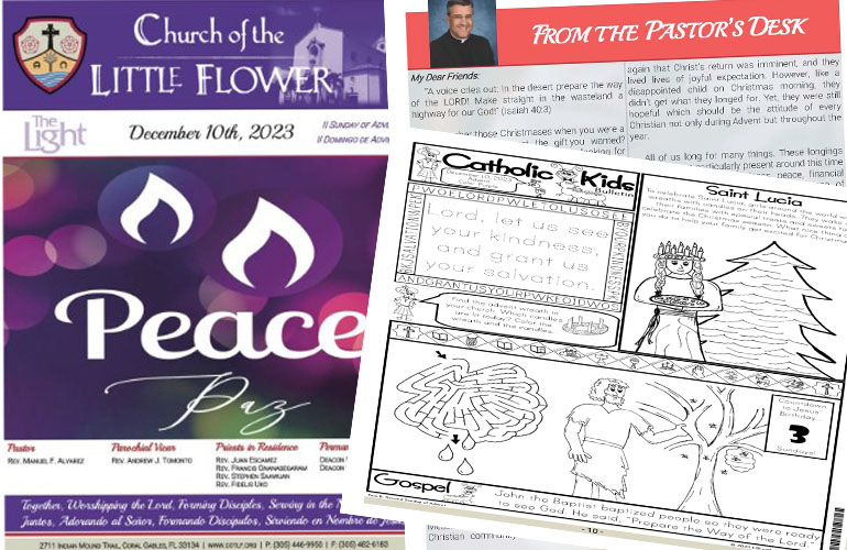 A kids' coloring and learning page, as well as a message from the pastor, are included in a recent parish bulletin, sent via email link to subscribers, from Little Flower Church in Coral Gables.