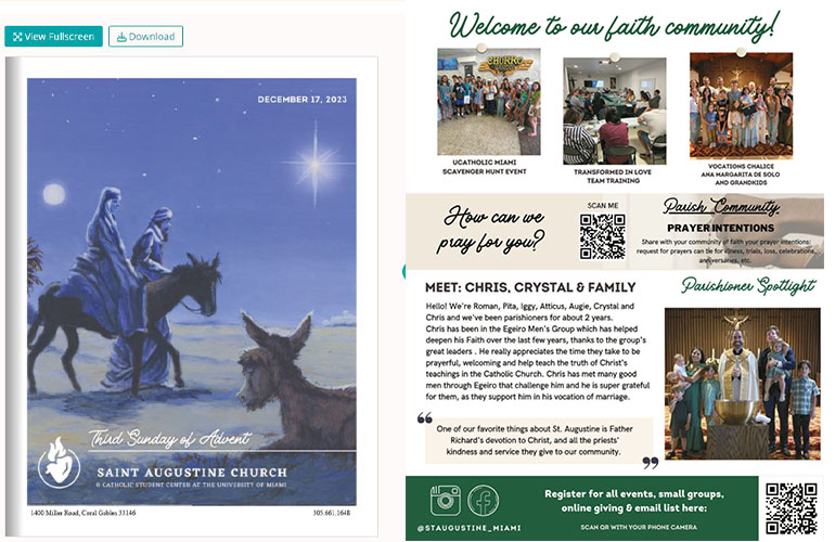 A QR code for submitting prayer intentions and a "parishioner spotlight" are among the items on one page of a summer parish bulletin posted on the website of St. Augustine Church and Catholic Student Center in Coral Gables.