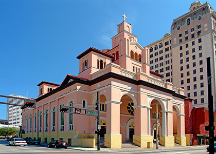 Exterior view of Gesu Church in downtown Miami, which was founded along with the City of Miami in 1896.