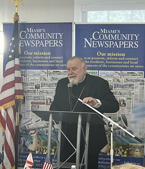 Archbishop Thomas Wenski speaks on Catholic education and immigration at Miami's Community News Pinecrest Luncheon to which he was invited, May 15, 2024, in Pinecrest.