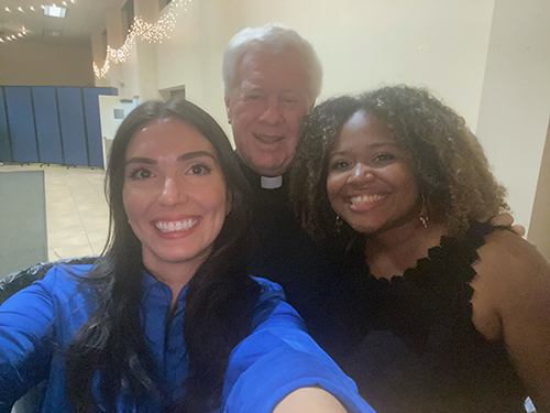 From left to right; Olga Torres, founder of the St. Bonaventure Parish Singles Ministry in Davie; Father Edmond Prendergast, pastor of the church; and Hellen Rivas, a participant in the ministry, during a monthly meeting May 18, 2024.