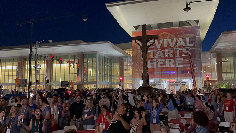 An impromptu praise and worship concert broke out outside the Indianapolis Convention Center on the evening of July 19, 2024 during the National Eucharistic Congress held July 17-21, 2024, in Indianapolis, Indiana.