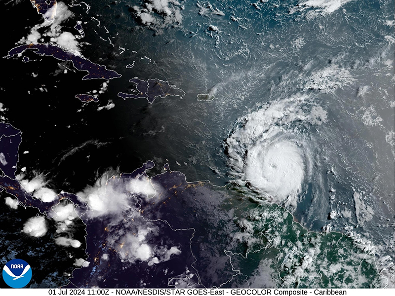 A satellite image of Hurricane Beryl on Monday, July 1 as it passes through the Lesser Antilles region of the Caribbean.