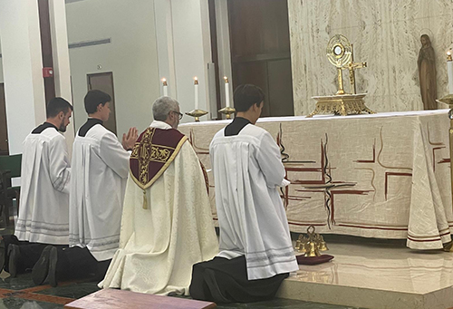 El diácono Jorge Reyes, que será ordenado al sacerdocio para la Arquidiócesis de Miami el próximo mayo, dirige la Hora Santa con la exposición del Santísimo Sacramento, el 20 de julio de 2024 en el seminario St. John Vianney de Miami. La Hora Santa fue parte del pequeño Congreso Eucarístico local organizado por los movimientos apostólicos arquidiocesanos y que coincidió con el Congreso Nacional Eucarístico que se realizó del 17-21 de Julio en Indianápolis, Indiana.