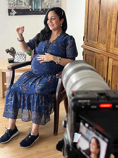 Linda Freire, pregnant with a baby girl, speaks during filming at Respect Life’s Central Broward Pregnancy Center in Fort Lauderdale Friday, July 19, 2024.