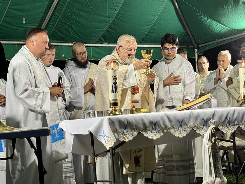 Archbishop Thomas Wenski celebrates Mass at the end of the first day of the walking pilgrimage on August 8, 2024. The four-day walking pilgrimage began at Sts. Peter and Paul Church in Great Meadows, NJ. and ended Sunday, August 11, at Our Lady of Czestochowa Shrine in Doylestown, PA.