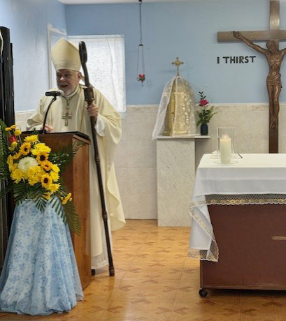 Archbishop Thomas Wenski preaches the homily during the Mass he celebrated at the Missionaries of Charity shelter in Miami on the feast day of their foundress, St. Teresa of Kolkata, Sept. 5, 2024.