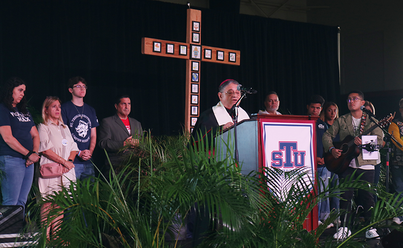 Miami Auxiliary Bishop Enrique Delgado gives the closing prayer at the Pro-life rally against Amendment 4 at St. Thomas University, Sept. 27, 2024.